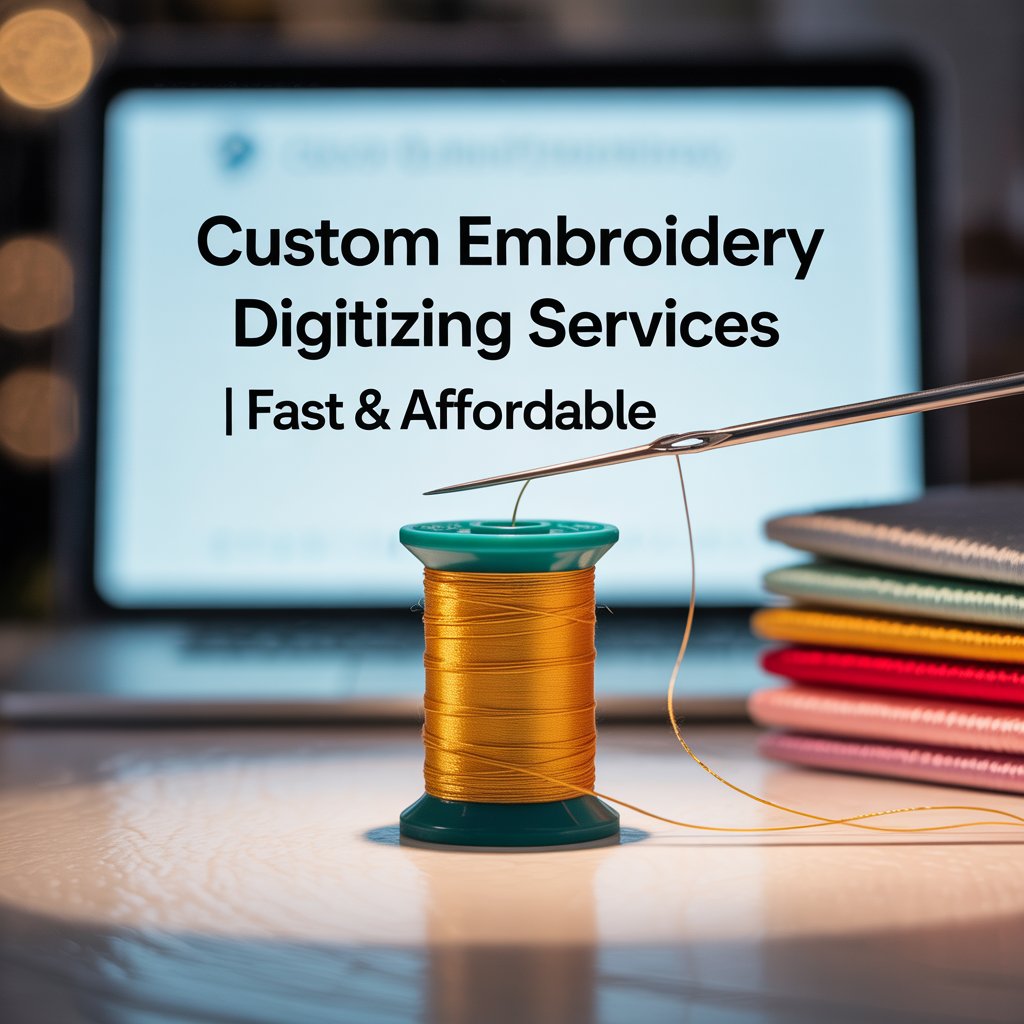 Close-up of a golden thread spool and needle with stacked fabrics, promoting custom embroidery digitizing services as fast and affordable