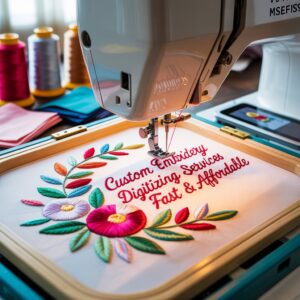 Custom embroidery digitizing machine stitching colorful floral pattern with the text "Custom Embroidery Digitizing Services – Fast & Affordable" on fabric